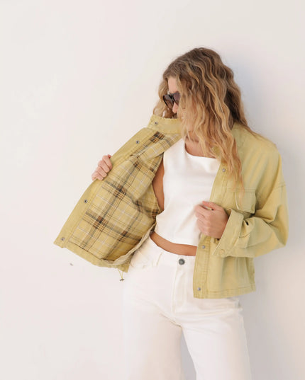 Kurtka damska jeansowa z podszewką w kratkę Yellow Denim niebieska