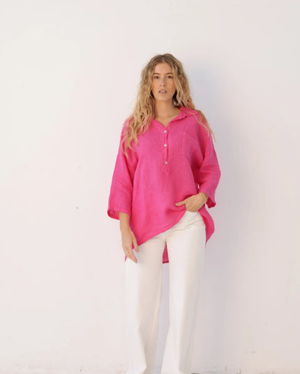 Bluzka koszulowa Long Linen różowa 100% len