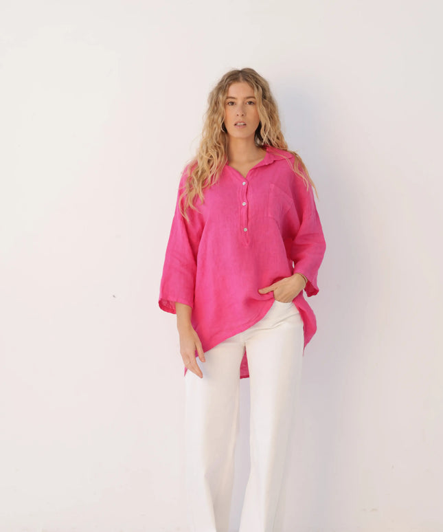 Bluzka koszulowa Long Linen różowa 100% len