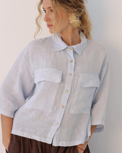 Koszula Linen Crop błękitna lniana