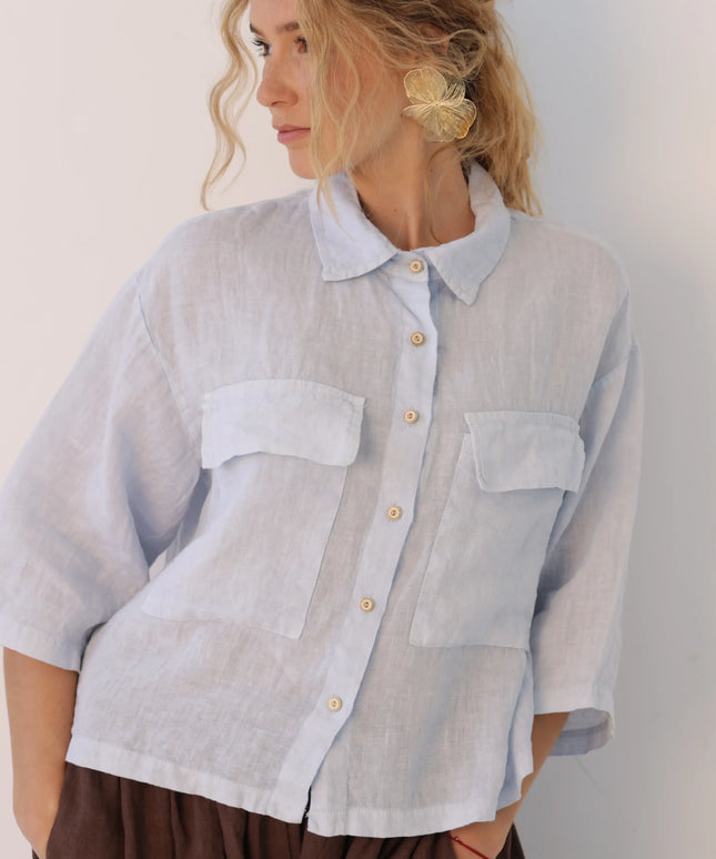Koszula Linen Crop błękitna lniana