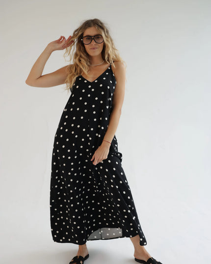 Długa sukienka damska letnia czarna w białe grochy Dots Maxi