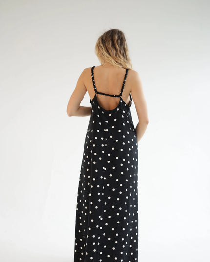 Długa sukienka damska letnia czarna w białe grochy Dots Maxi