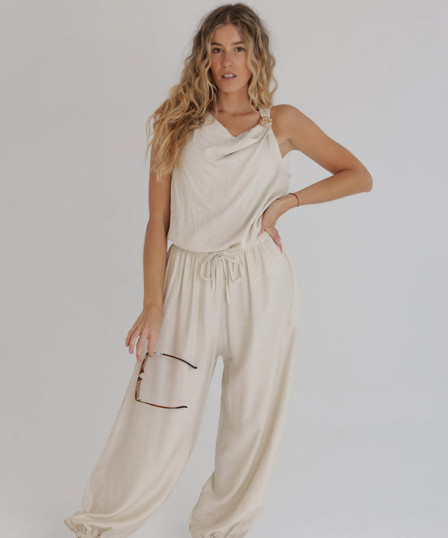 Komplet damski casual beżowy Jogger bluzka + spodnie