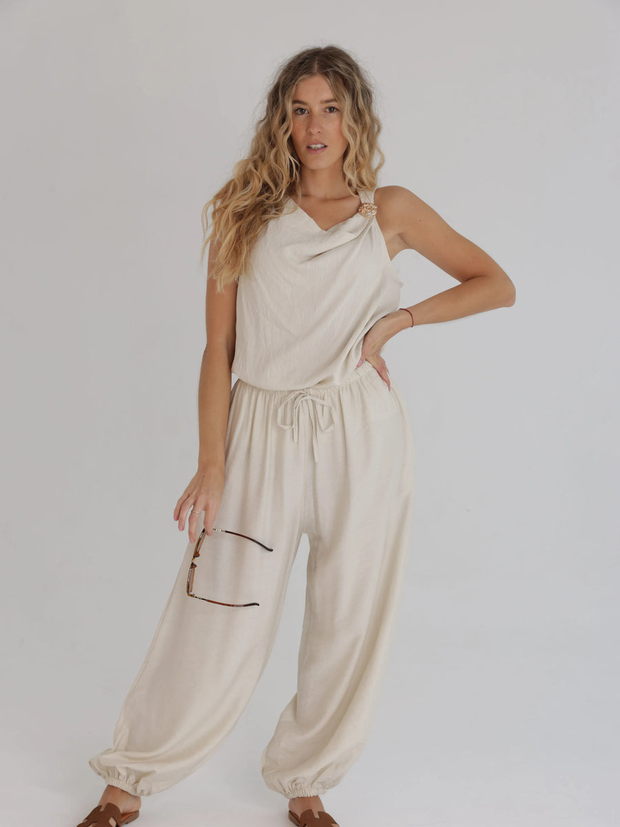 Komplet damski casual beżowy Jogger bluzka + spodnie