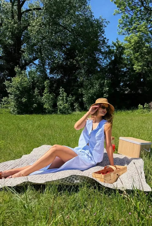 Bawełniany komplet Portofino w paski biało-niebieski