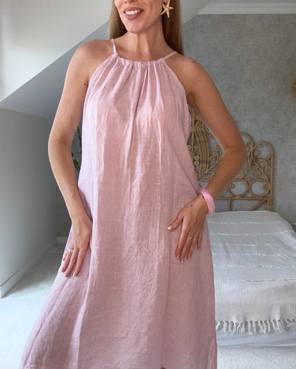 Sukienka 100% len na wakacje Linen Charm pudrowy róż