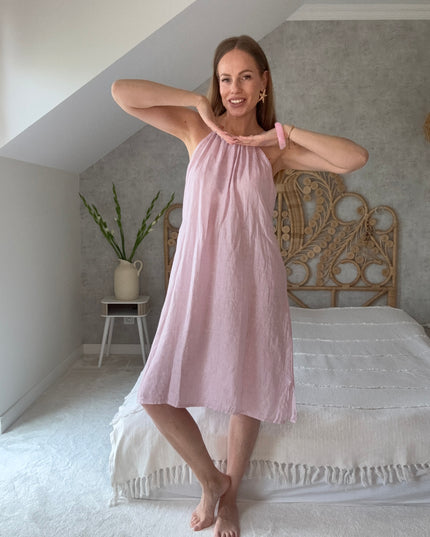 Sukienka 100% len na wakacje Linen Charm pudrowy róż