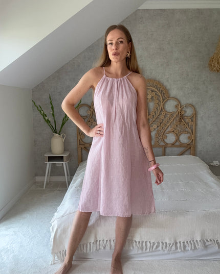 Sukienka 100% len na wakacje Linen Charm pudrowy róż