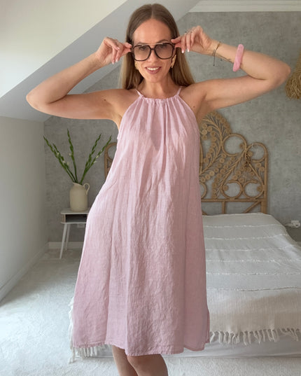 Sukienka 100% len na wakacje Linen Charm pudrowy róż