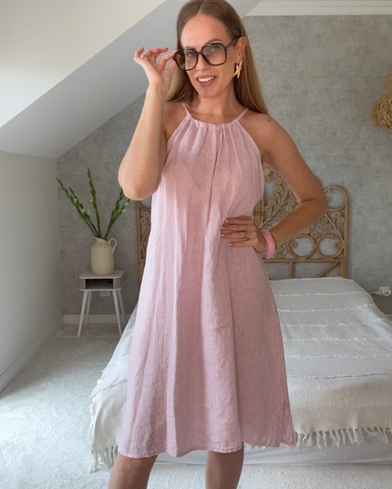 Sukienka 100% len na wakacje Linen Charm pudrowy róż