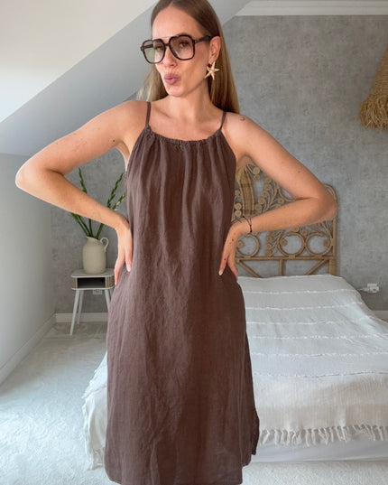 Sukienka 100% len na wakacje Linen Charm czekoladowa