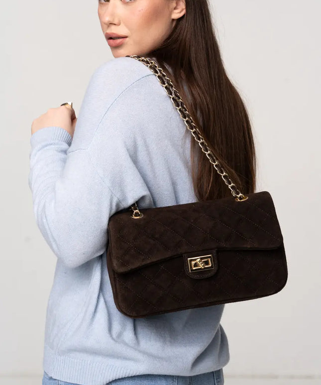 TOREBKA CHANELKA CZEKOLADOWA ZE SKÓRY ZAMSZOWEJ MAXI