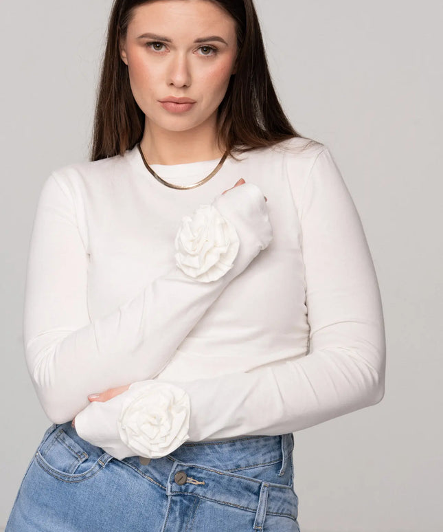 LONGSLEEVE MILA Z RÓŻĄ BIAŁY