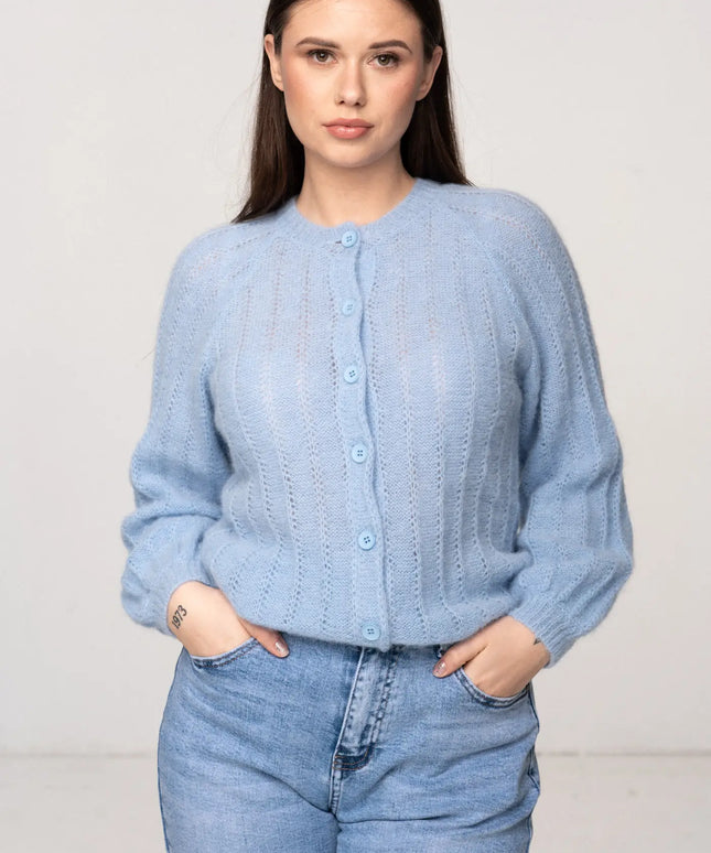 KARDIGAN BOSCO NIEBIESKI 34% KID MOHER 34% ALPAKA SUPERFINE