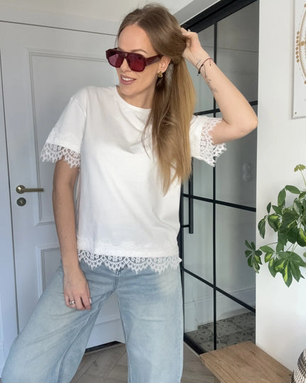 T-shirt Lucky śmietankowy z koronką Lemonada