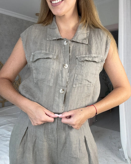 Komplet dwuczęściowy Aura Linen taupe kamizelka i spodnie 100% len