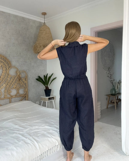 Komplet dwuczęściowy Aura Linen granatowy kamizelka i spodnie 100% len