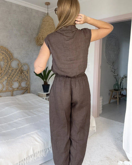Komplet dwuczęściowy Aura Linen czekoladowy kamizelka i spodnie 100% len