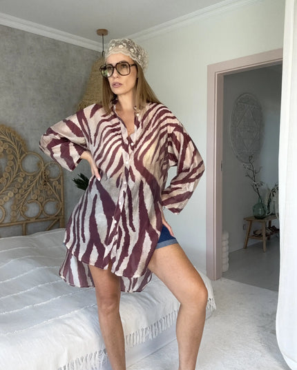 Długa koszula Safari zebra beżowo-bordowa