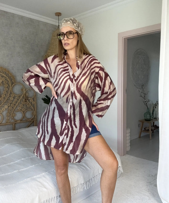 Długa koszula Safari zebra beżowo-bordowa