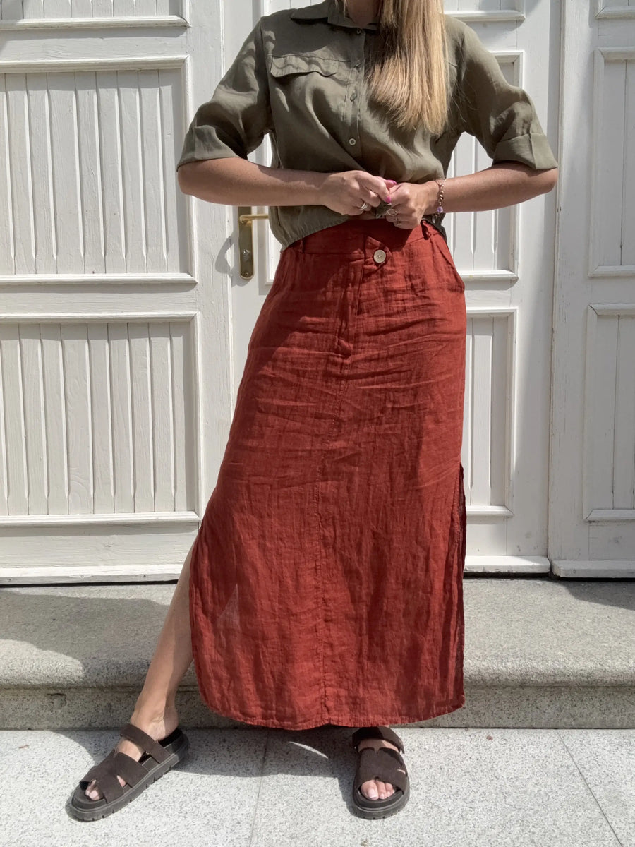 Spódnica maxi Loren 100% len ceglasta