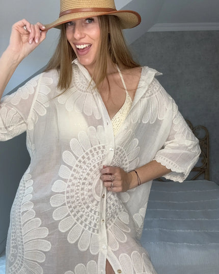 Letnia koszula Beach Cover-Up z haftem kremowa