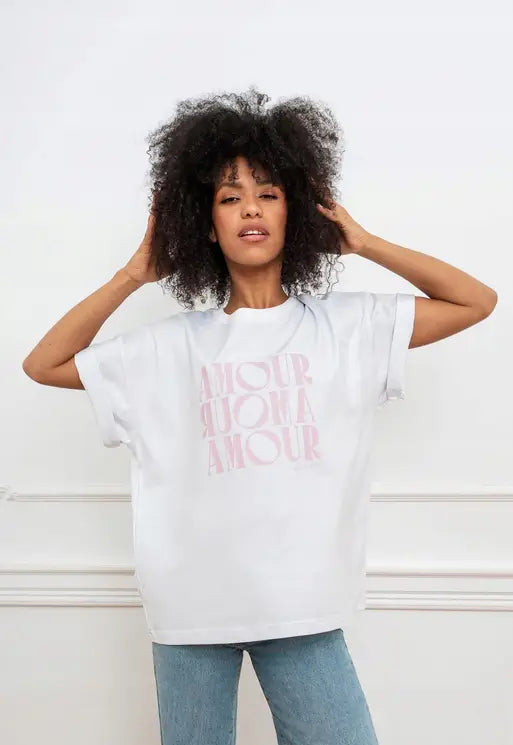 T-shirt bawełniany damski Amour biały