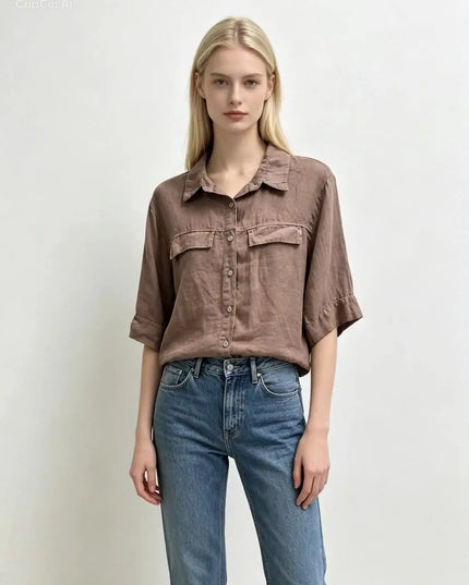 Krótka lniana koszula Linen Crop mleczna czekolada