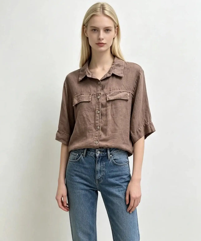 Krótka lniana koszula Linen Crop mleczna czekolada