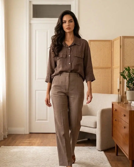 Krótka lniana koszula Linen Crop czekoladowa