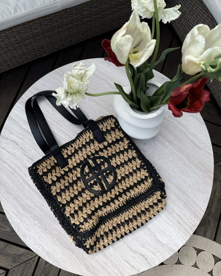 Torebka pleciona boho Contrast Bag beżowo - czarna
