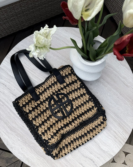 Torebka pleciona boho Contrast Bag beżowo - czarna