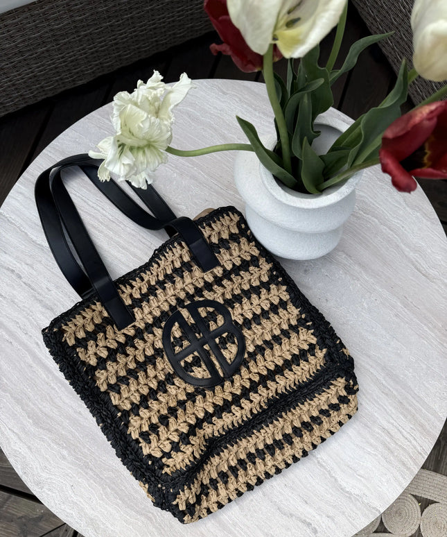 Torebka pleciona boho Contrast Bag beżowo - czarna