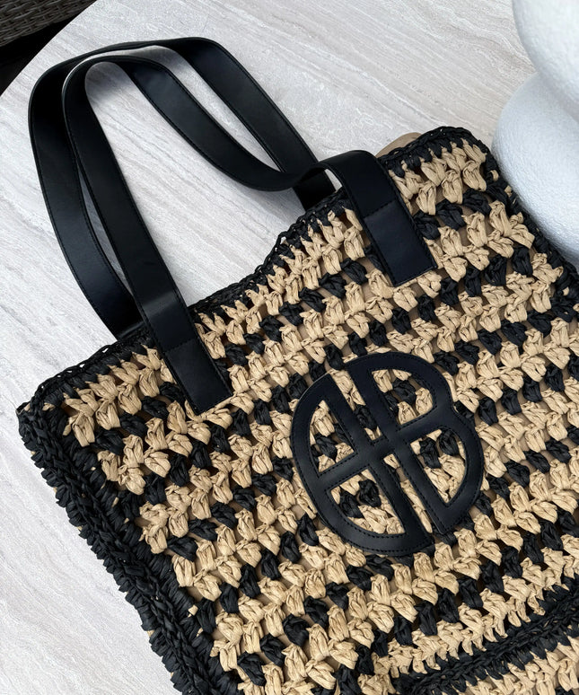 Torebka pleciona boho Contrast Bag beżowo - czarna