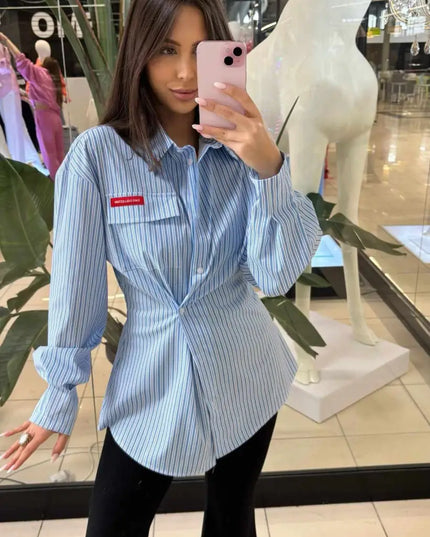 Taliowana koszula damska w biało-niebieskie paski Blue Line