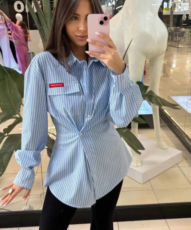 Taliowana koszula damska w biało-niebieskie paski Blue Line