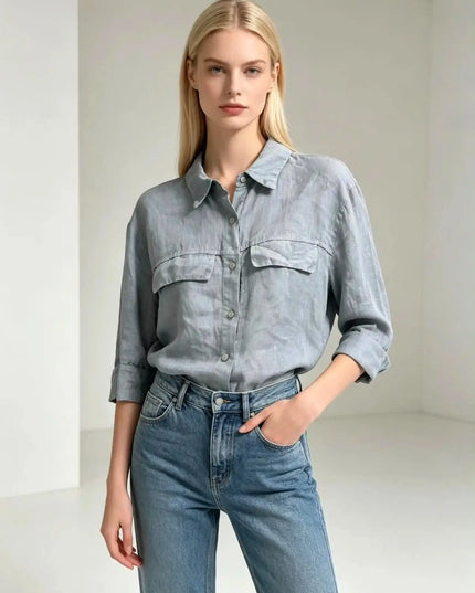 Krótka lniana koszula Linen Crop w stalowym kolorze