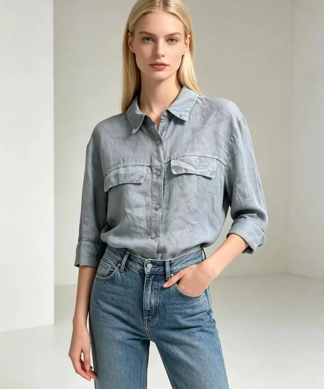 Krótka lniana koszula Linen Crop w stalowym kolorze