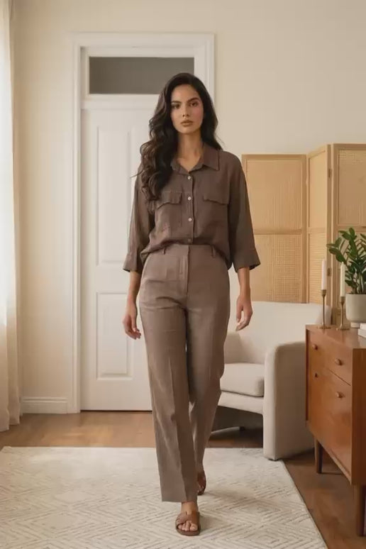 Krótka lniana koszula Linen Crop czekoladowa