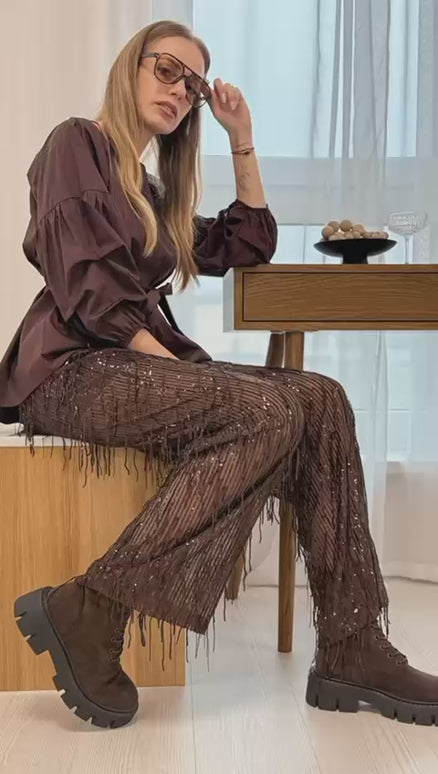 SPODNIE ŻAKLIN CEKINOWE CZEKOLADOWE