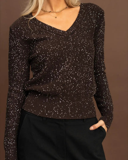 SWETER SHINE Z DEKOLTEM W SEREK CZEKOLADOWY - BLUMANIA